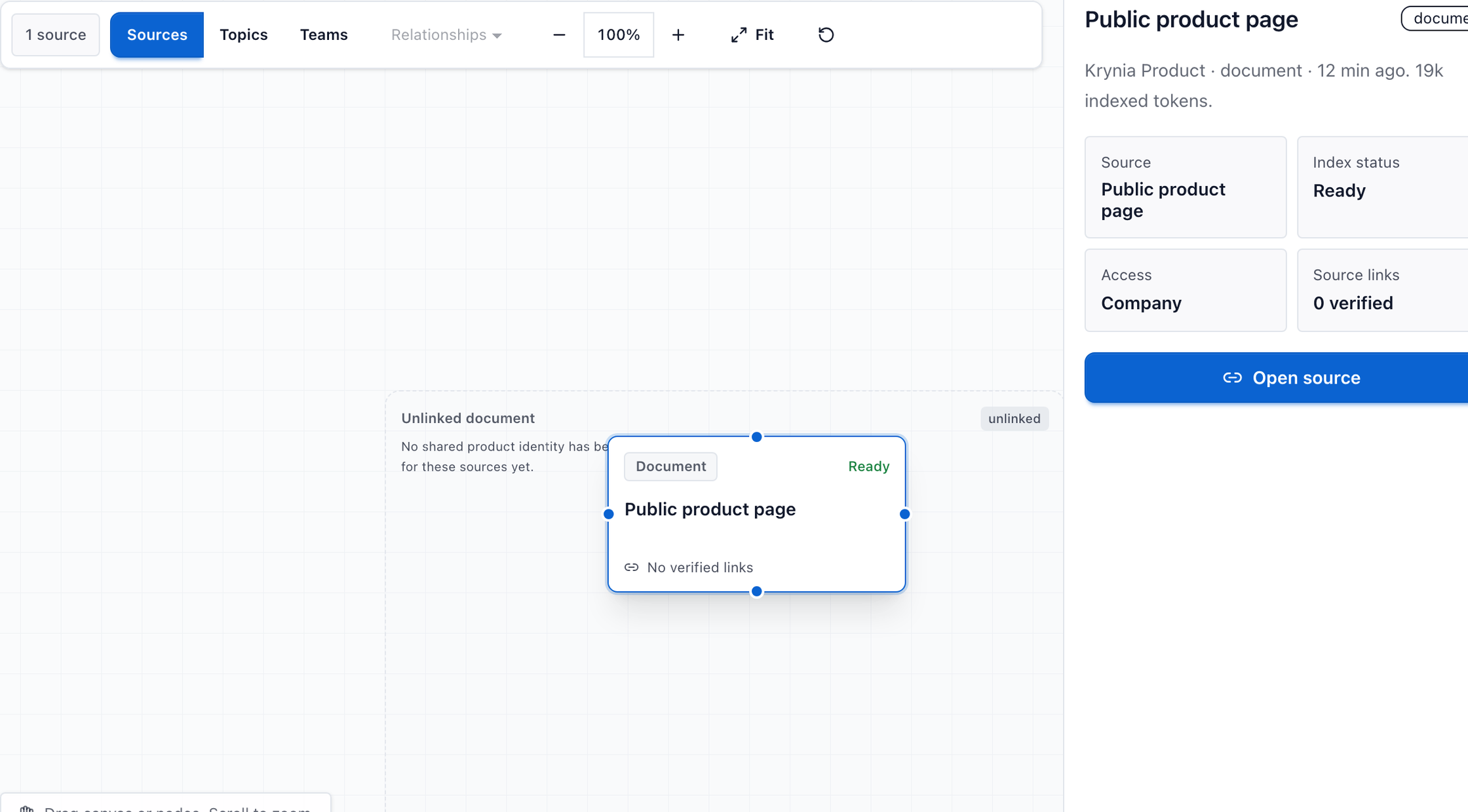 Krynia knowledge graph screen with related source nodes and a selected item panel.